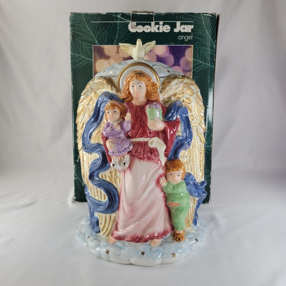 Vintage Christmas Cookie Jar Guardian Angel JCPenney Celestial Stars Canister